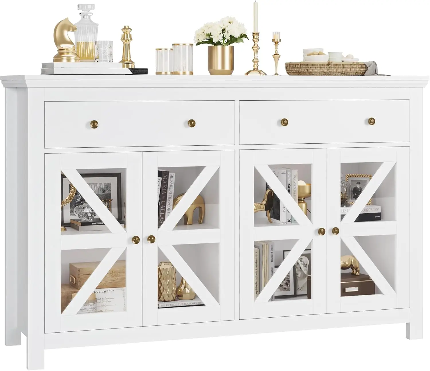 ตู้ไซด์บอร์ดบุฟเฟ่ต์สีขาวขนาดใหญ่พร้อมลิ้นชัก 2 ลิ้นชัก 4 ประตูกระจก – ตู้เก็บของในห้องครัวห้องรับประทานอาหาร