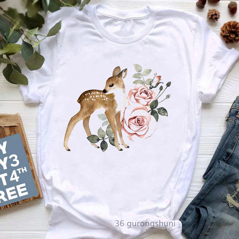 

Little Deer With Vintage Roses Print T Shirt Girls Funny Kawaii Clothes Harajuku Shirt Summer Tops Tee Shirt Femme Streetwear