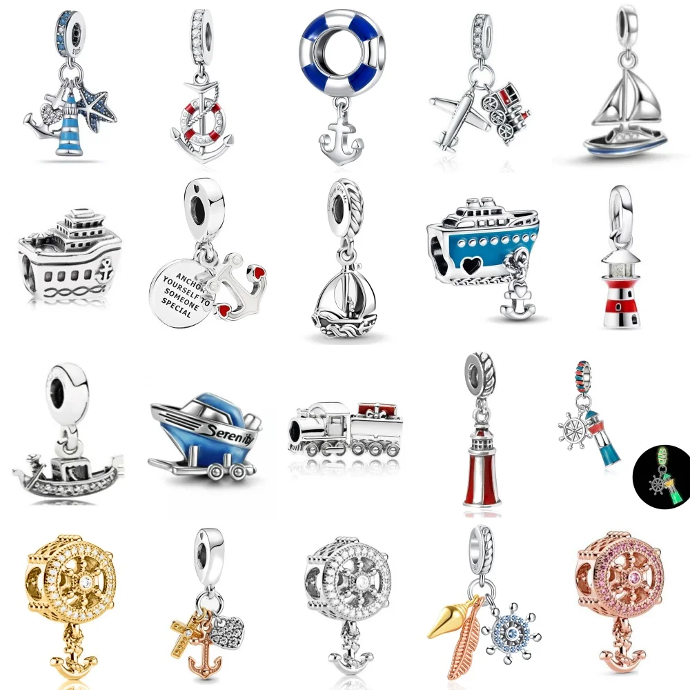 

New 925 Silver ship rudder anchor lifebuoy Charm yacht Bead lighthouse Pendant Fit Original Bracelet Women DIY Jewelry Make Gift