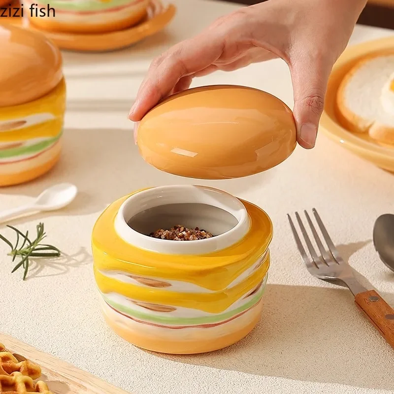 Hamburger Shaped Ceramic Seasoning Jar Salt Jar Sugar Jar Spice Jars Seasoning Box Starch Jars Storage Jars Kitchen Storage Tool