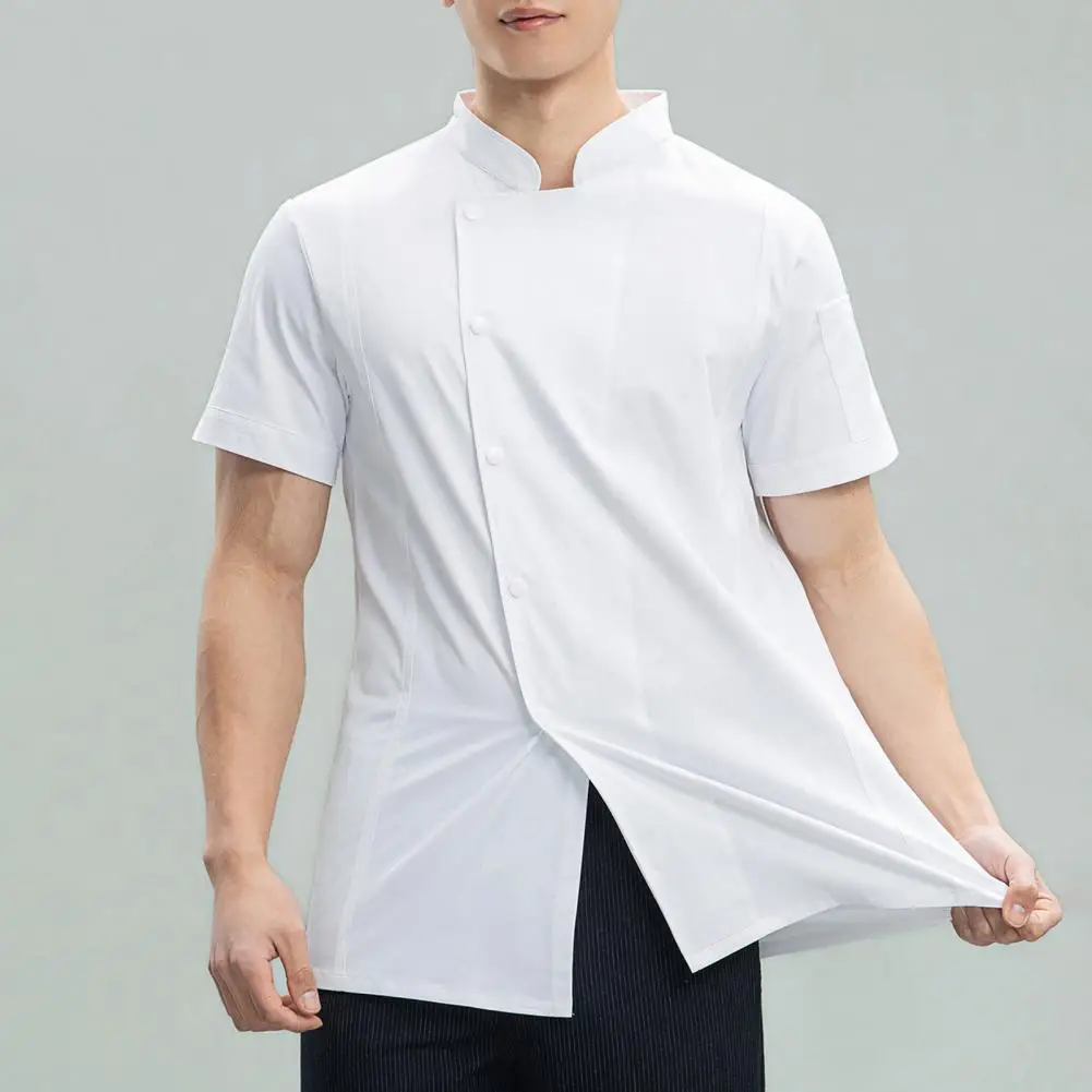Women Men Chef Uniform Stand Collar Short Sleeve Chef Coat Single-Breasted Buttons Workwear Professional Chef Apparel