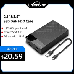 UnionSine 3.5'' HDD Case SATA to USB 3.0 Adapter External Hard Drive Enclosure for 2.5