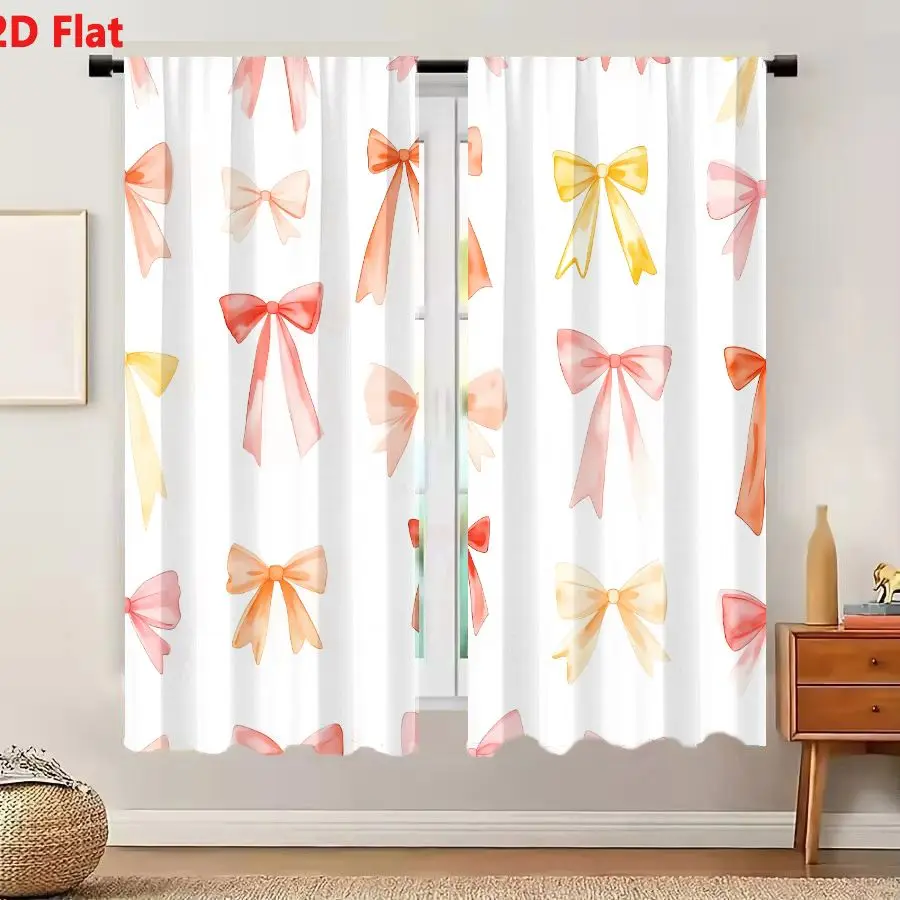2Pcs Curtains 2D Flat Seamless Pattern Of Pastel Colored Bows Pink Peach Coral Yellow With Watercolor Hand-Drawn Texture On Whit