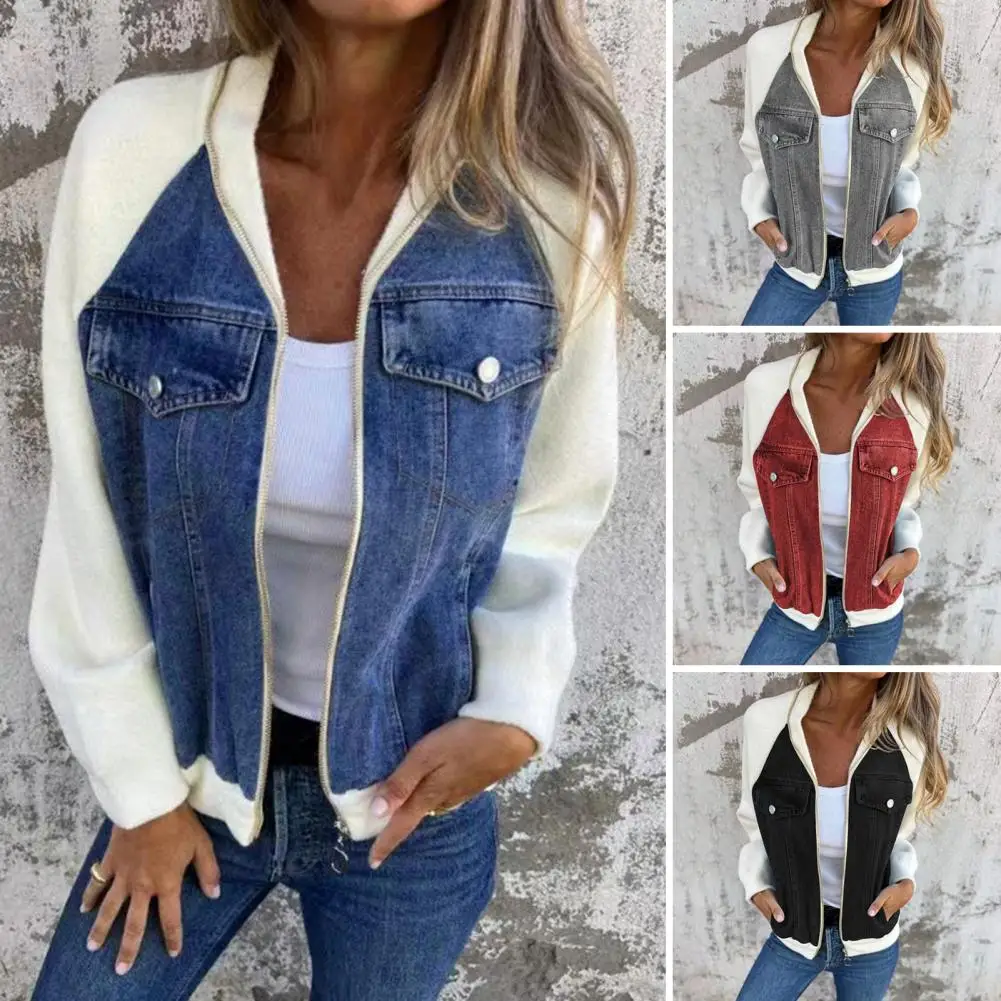 Fall Winter Women Jacket Color Matching Zip-up Pockets Cardigan Long Sleeves Patchwork Raglan Shoulder Turn-down Collar Coat