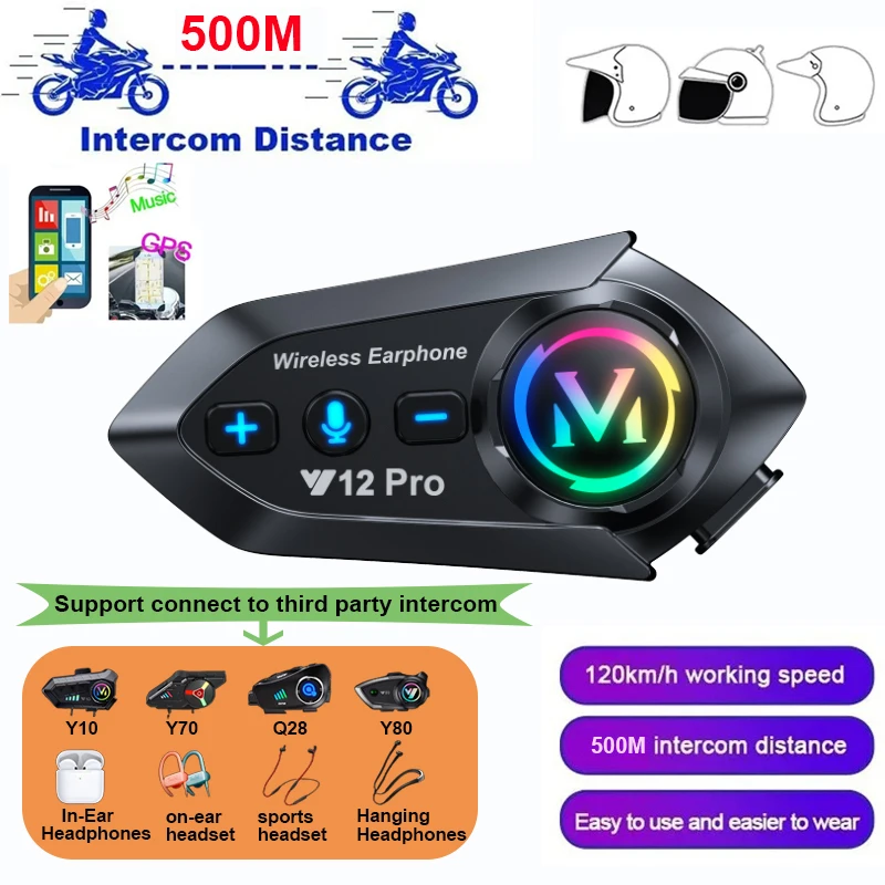 Intercom pour casque de moto 1/2x Y20 Pro, BT5.4, étanche, portée 500m, haut-parleur interphone