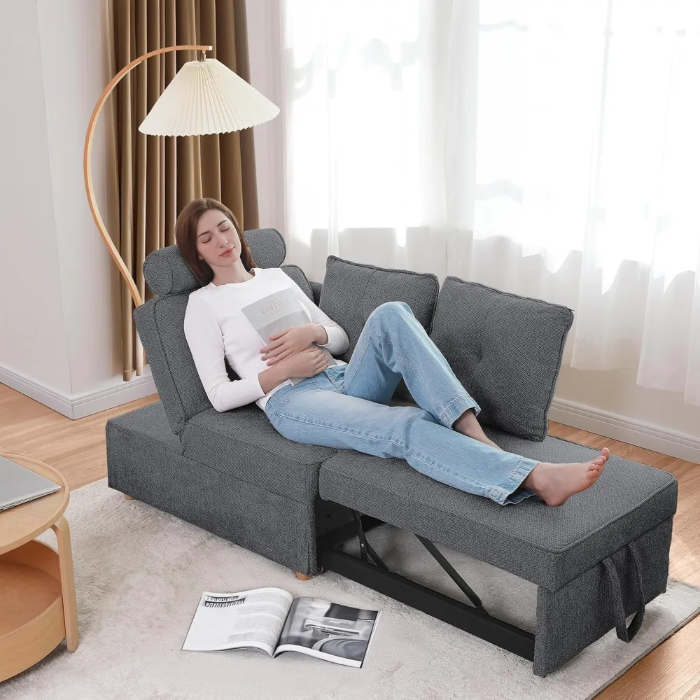 슬리퍼 소파 침대 컨버터블 소파, 린넨 원단 러브 시트 소파, 2 개의 스로우 베개, 작은 공간용 싱글 리클라이너, 4 인 1