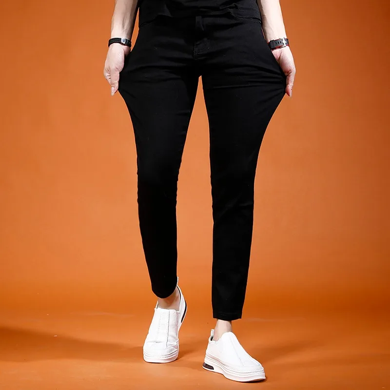 Summer Black Ankle-Length Pants Men Lightweight Jeans Streetwear Casual Solid Color Slim Fit Denim Trousers