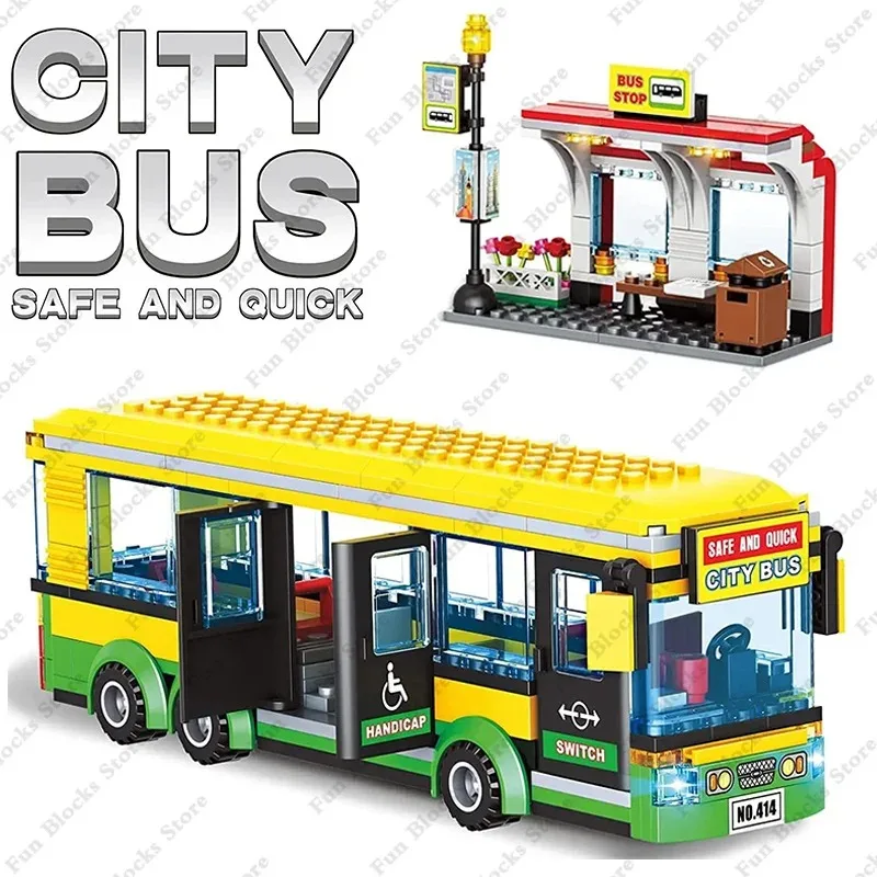 (2 figures) City Town Center Bus Station Building Blocks Kits Bricks Set Classic Car Model Kids Toys For Child Gifts