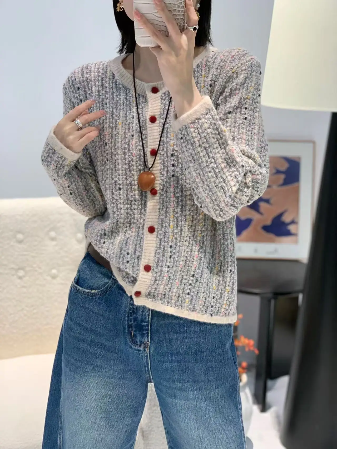 

Женский кардиган из мериносовой шерсти с круглым вырезом, цветной полосатый свитер, трикотаж, осень-зима, кашемировый повседневный топ для отдыха на открытом воздухе