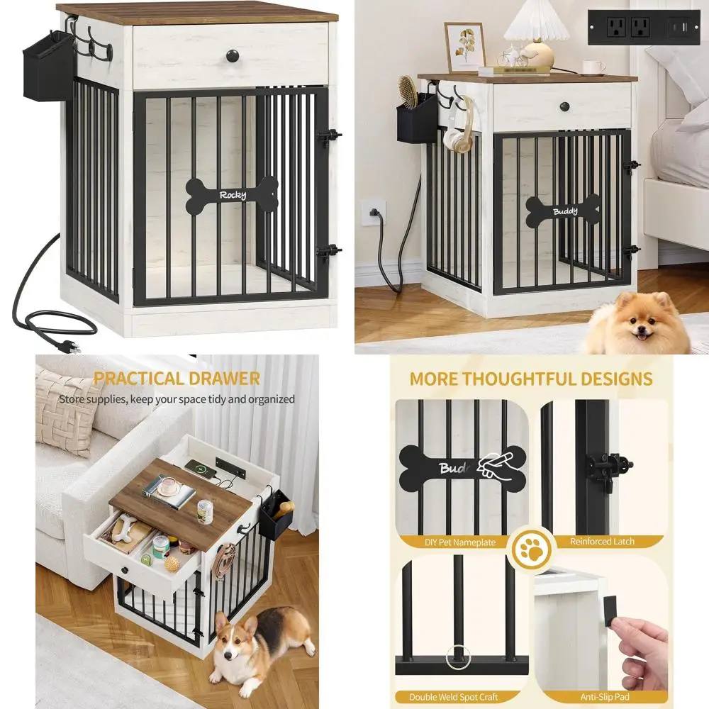 

24 Wooden Dog Crate with Flip-Top Storage and Charging Station, Indoor Dog Kennel, Side Table for Small Dogs, Anti-Chew and Anti