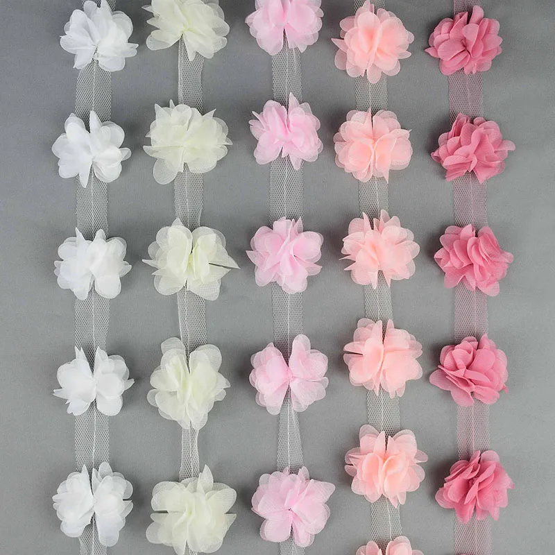 1 Stücke 2 Yards Blumen 3D Chiffon Cluster Blumen Spitzenkleid Dekoration Spitze Stoff Applikation Trimmen DIY Handwerk Nähzubehör