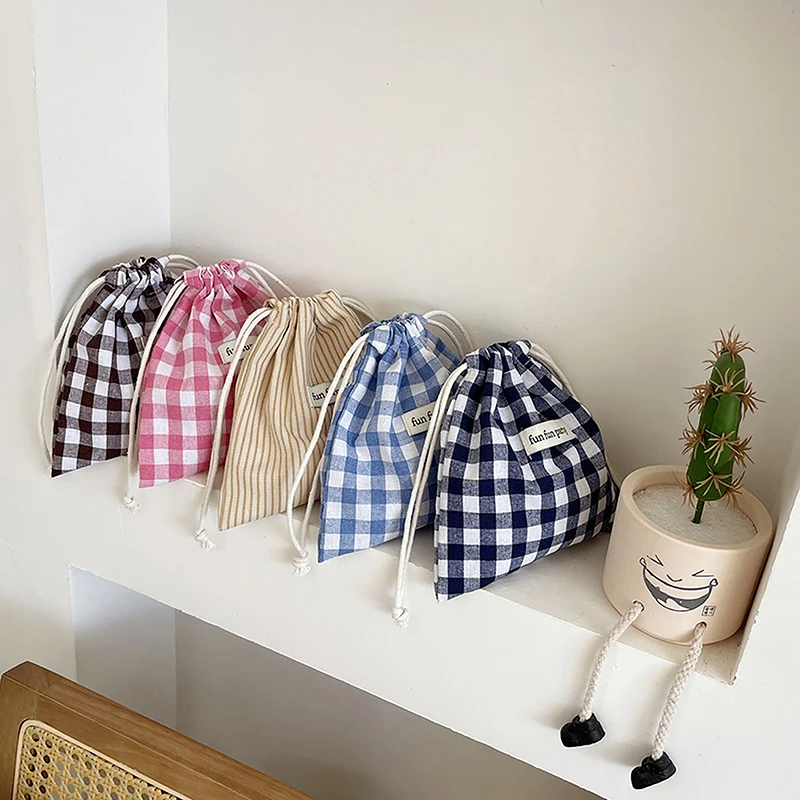 Cute Makeup Bag Multifunctional Cotton Plaid Storage Drawstring Bag For Women Portable Finishing Storage Pouch Candy Organizer