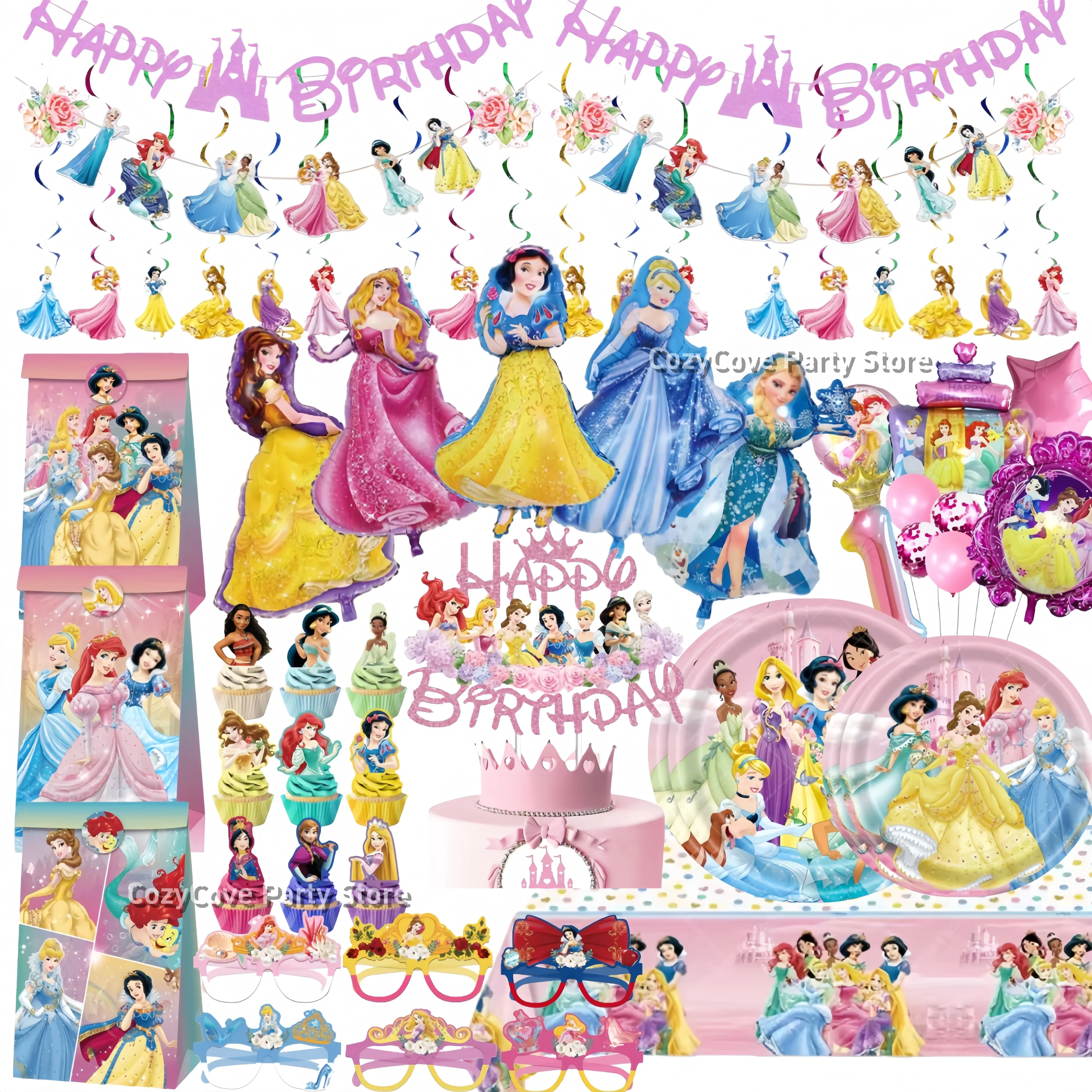 Décor de fête d'anniversaire princesse pour filles, ballons de fête, vaisselle, assiette, tasse, décoration de gâteau, stand Photo d'anniversaire pour filles, cadeaux de réception-cadeau pour bébé