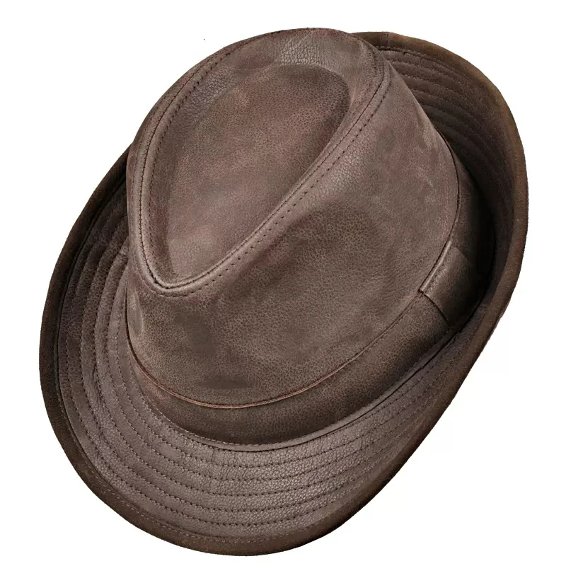 High Quality Nubuck Leather Jazz Fedora Cap Men Vintage Gentleman Cow Skin Suede Edge Short Brim Top Hat Male Shows Topper 60CM