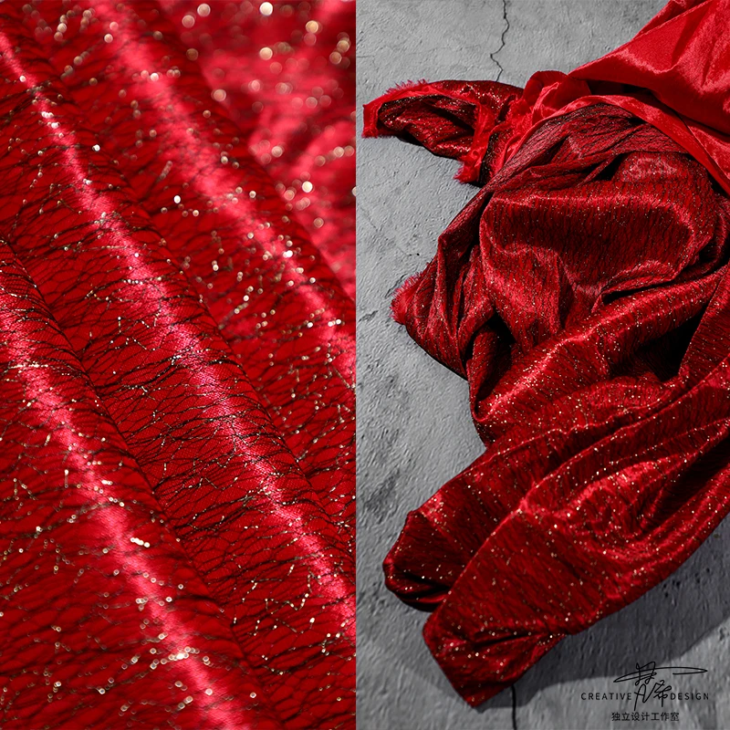 Elastic Candy Red Light Shining Cloth Dress Stage Fashion Background Designer Graduation Creative Fabric for Clothing Diy Sewing