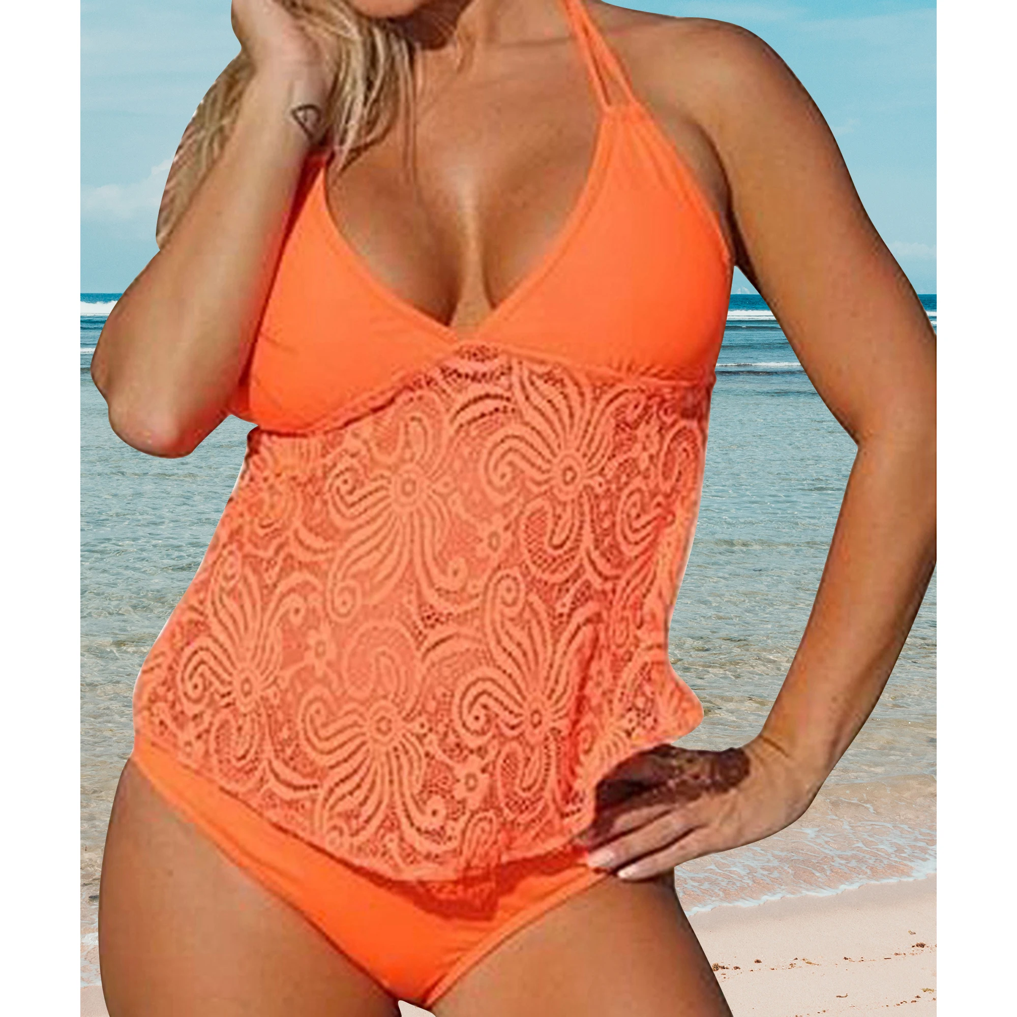 MUOLUX 2024 Plus Size Bikini Swimsuit Women Tankini Swimwear Lace Halter 2 Pieces Bathing Suit Sexy Swimming Suit Beachwear 3XL