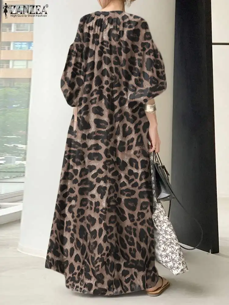 2024 ZANZEA Autumn Bohemian Leopard Print Sundress Women Fashion V Neck 3/4 Sleeve Holiday Dress Loose Maxi Vestido Party Dress