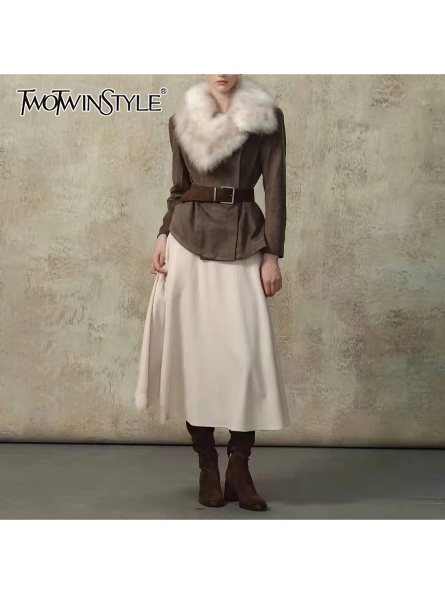 TWOTWINSTYLE Colorblock Spliced Fluffy Slimming Coat for Women Lapel Collar Long Sleeve Patchwork Button Jacket Female Fashion