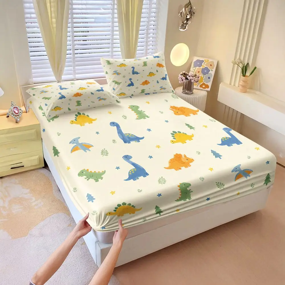 Cute Dinosaur Print Fitted Sheet Set Bed Sheet Set Digital Printed Bedding Set Soft Elastic Fabric for Teen Bedroom Decor