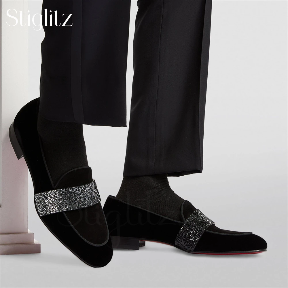 

Sparkling Rhinestone Strap Loafers Black Suede Almond Toe Dress Shoes Luxury Fashion Style Handmade Shoes for Men Banquet Flats