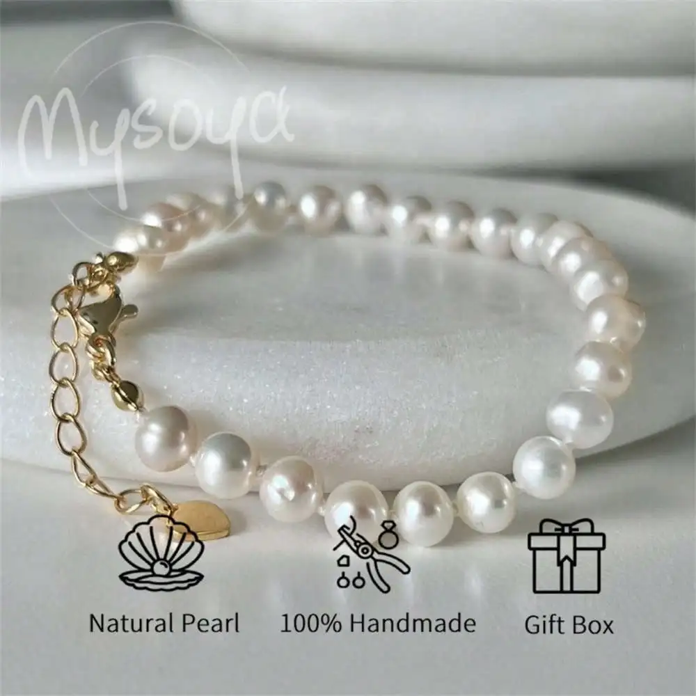

MYSOYA White Freshwater Pearl Bracelet 5-6mm Pearls Gift Box Gift for Her Wedding Jewelry Christmas New Year Anniversary Gift