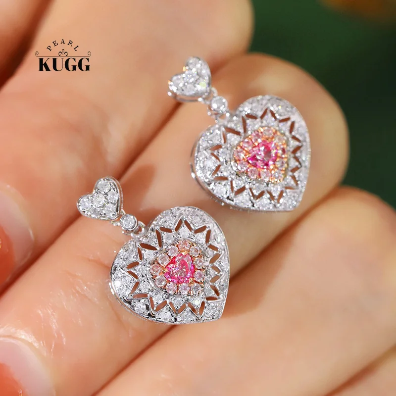 

KUGG 100% 18K White Gold Earrings Heart Shape Vintage Palace Style Real Natural Pink Diamond Earrings for Women Senior Banquet