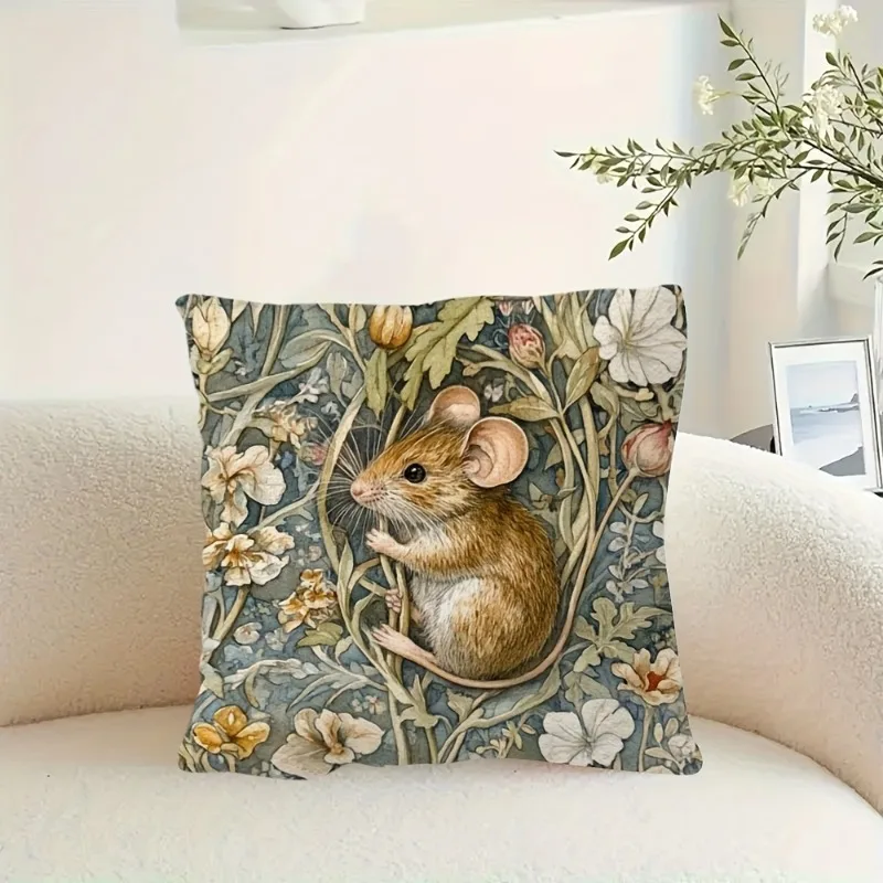 1pc Cottage Living Room Mouse Pillow Cover, Polyester 2D Double-Sided Print, Floral Field Mouse Cushion, Animal & Nature Lover G