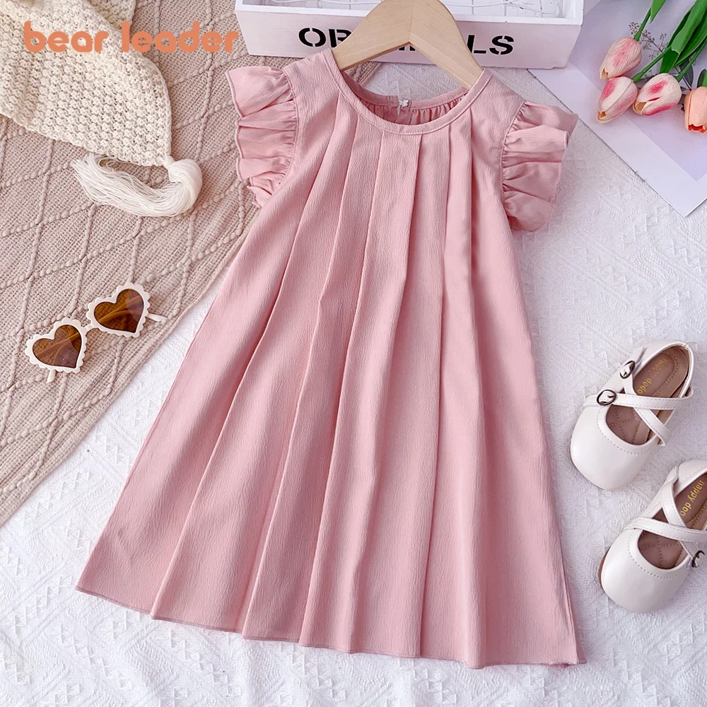 Bear Leader 3-7Y Baby Girls Princess Dresses Round Neck Summer Solid Color Kids Dress Flying Sleeve Pleated Pink Girl Clothes