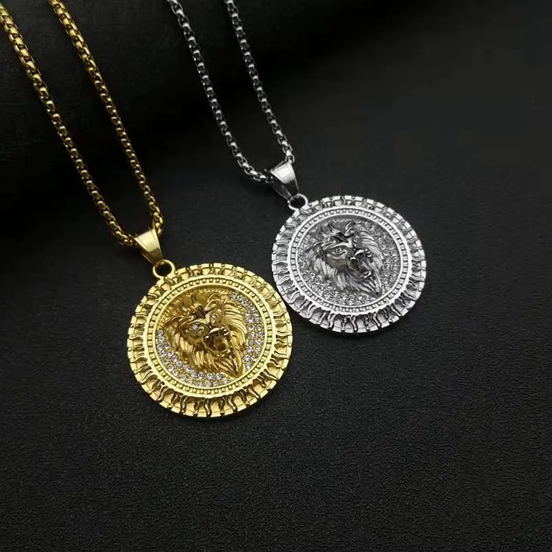 Stainless Steel Titanium Vintage Round Lions Head Fire Hip Hop Pendant Collar Chains Necklace for Men Women Gift Jewelry