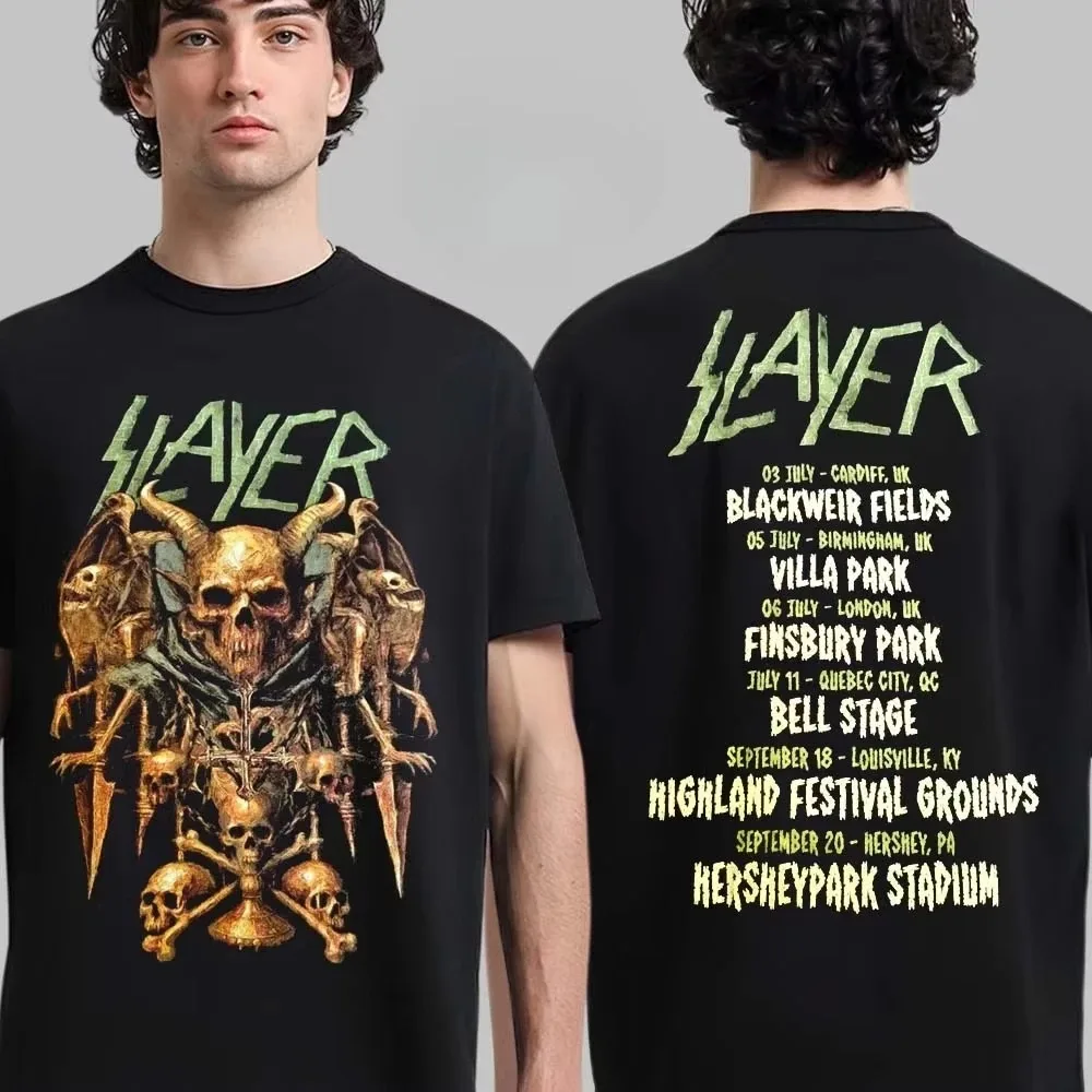 Brand New Slayer Farewell Tour Merch Skull Throne Art Double-Sided T-Shirt, Printed with Tour Dates, High-End Luxury, Unisex