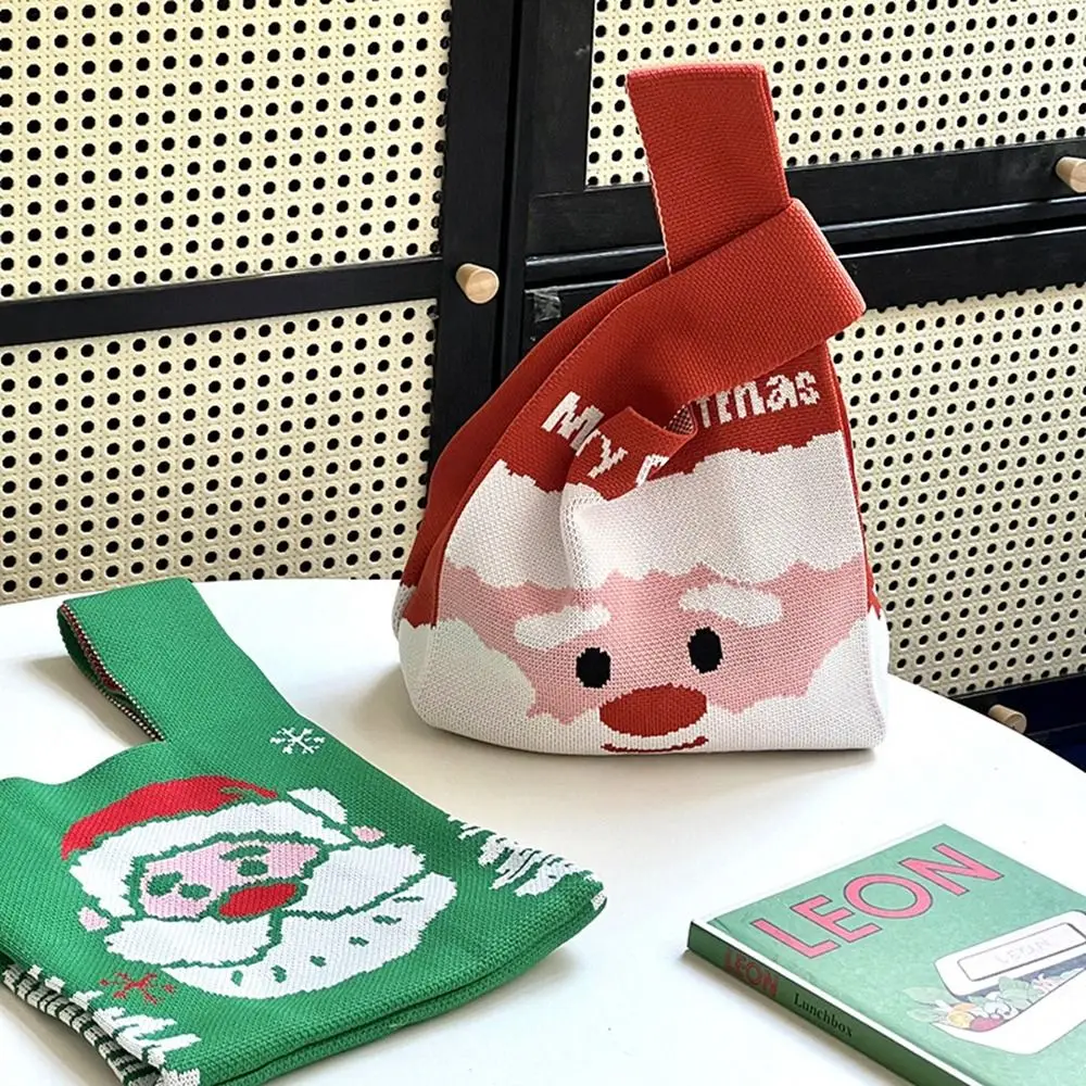 

Fashion Christmas Gift Knot Wrist Bag Santa Claus Candy Pouch Christmas Knitted Bag Weave Purse Tote Bag Student