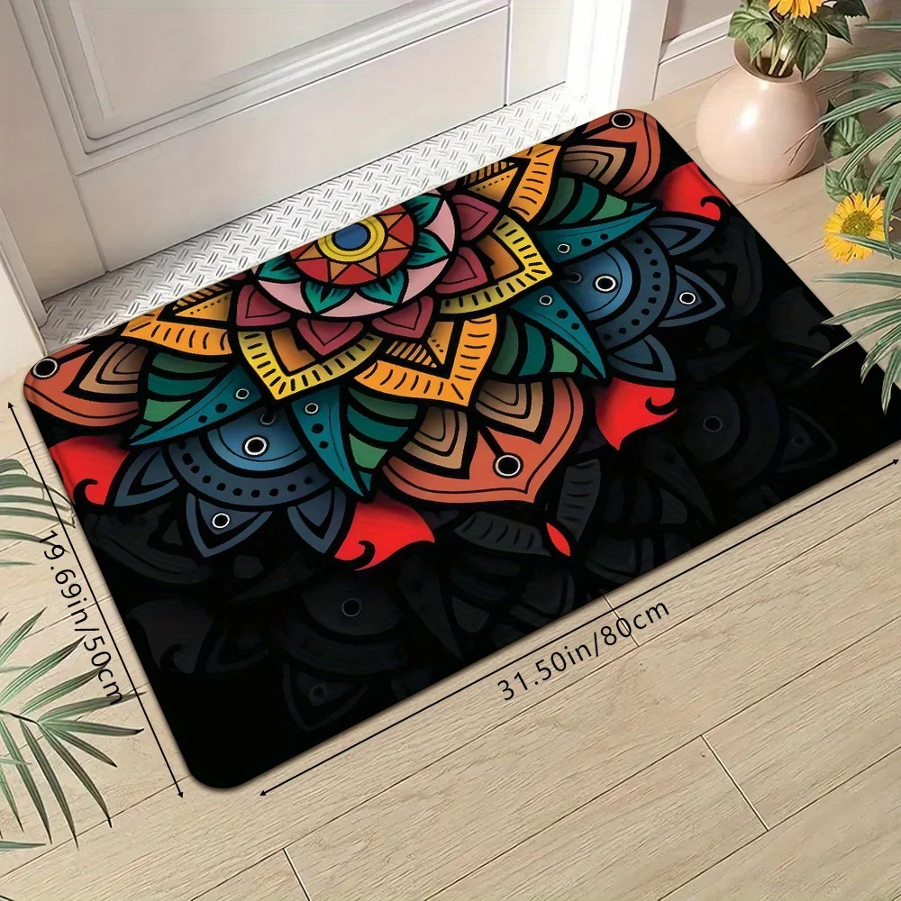 Colorful Mandala Door Mat, Bohemian Floral Geometric Entrance Floor Rug, Vibrant Boho Style Entryway Carpet