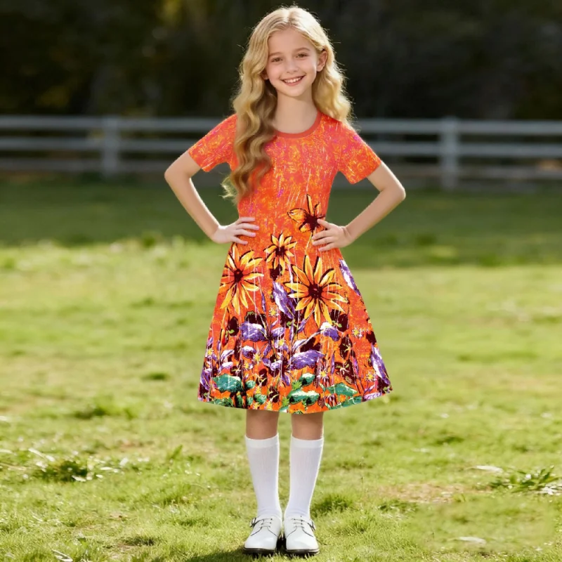 

2025 Girls Dress, Casual Fashion Tie-Dye Floral Print, Short Sleeve Dress