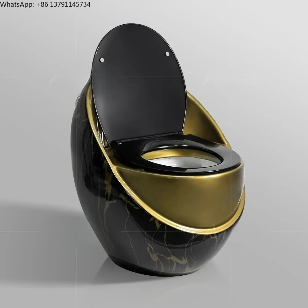 Modern Bathroom Sanitary Ware  Ceramic One Piece Water Closet Black Gold Marble Egg Shape Toilet Bowl