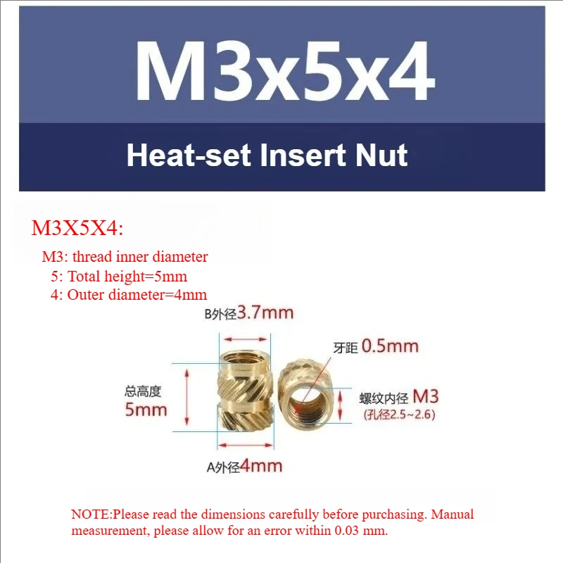 100pcs M3 Thread Knurled Brass Threaded Heat Set Heat Resistant Insert Embedment Nut for 3D Printer Voron 2.4 M3x5x4 image 2