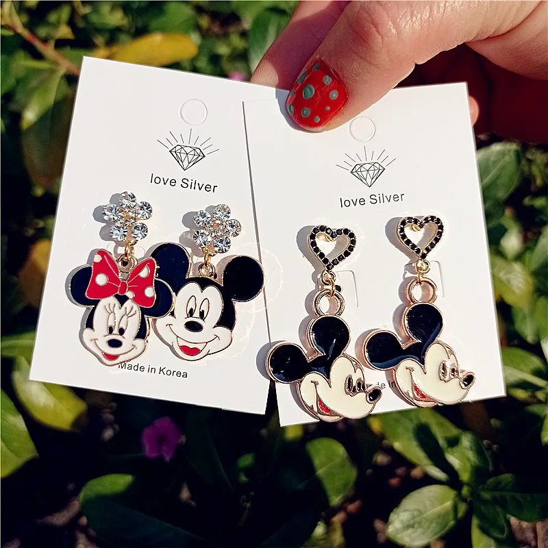 

Cartoon Disney Mickey Minnie Dangle Earrings Children's Korean Fashion Earrings Personalized Women's 925 Silver Love Earrings