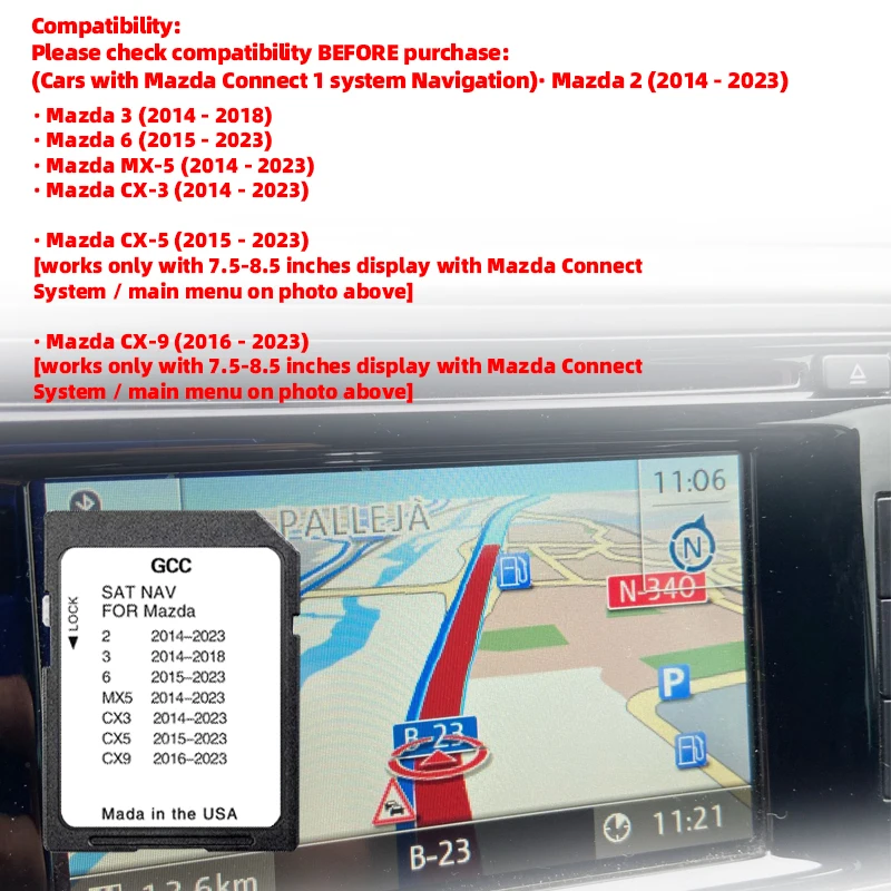Update General GCC Gulf Area Middle East SD Memory Card Navigation for Mazda 2/3/6/MX5/CX5/CX9 Car Navi Systems GPS maps 2024