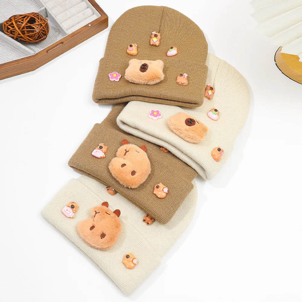 1PC Bear Cap + Capybara Flower Charm - Cute Soft Warm Autumn Winter Gift