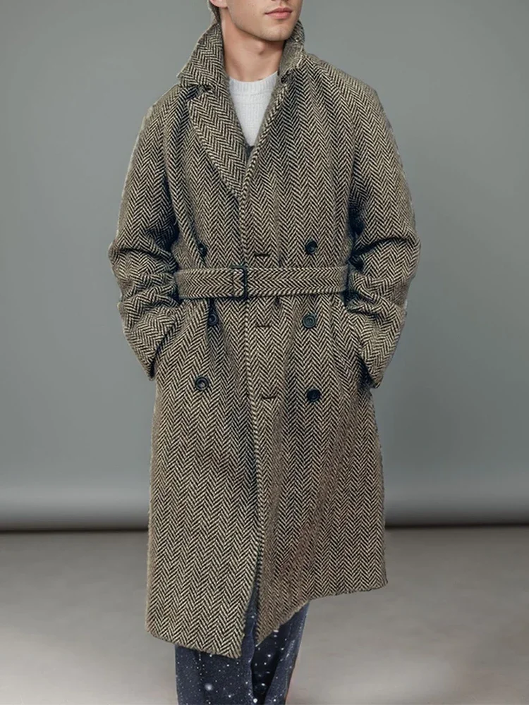 

Outdoor Fashion Mens Trench Windbreaker Fall Winter Thick Warm Long Coat Jacket Men Vintage Belt Double Breasted Plaid Jackets