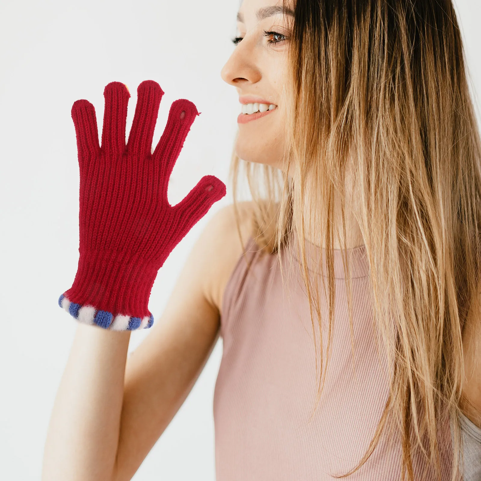 Wool Ball Knitted Gloves Furry Cute Full Finger Five Fingers Fingerless Black