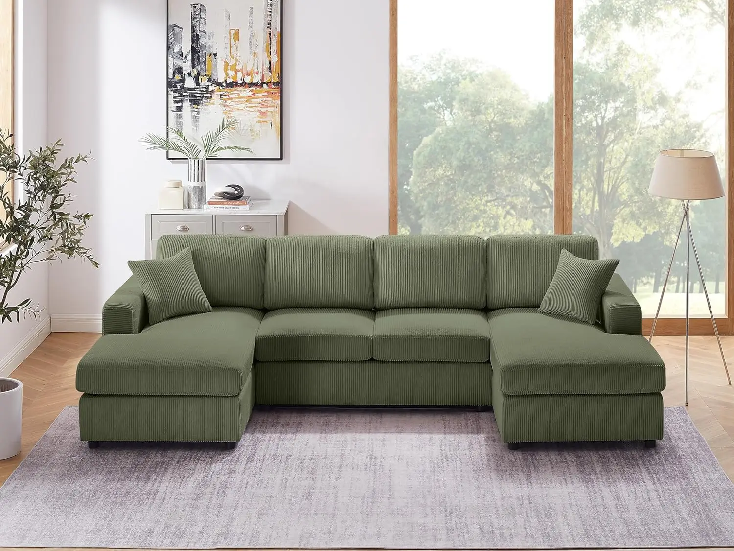 

118'' U Shaped Sectional Sofa Couch, Corduroy Fabric Modern Cozy Jumbo Size 6-Seater Sofa, Double Chaise Longue, Green