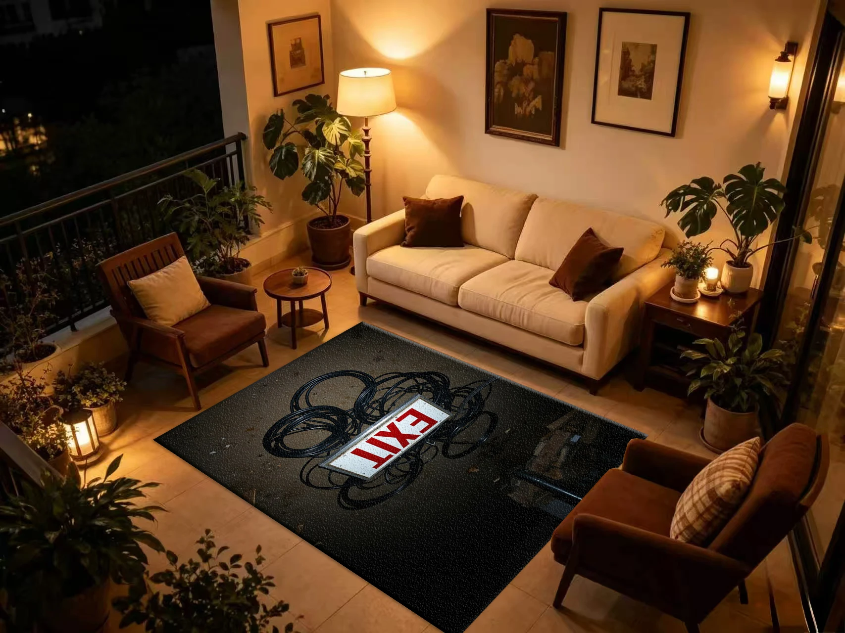 Vintage Exit Sign Industrial Style Carpet Flooring, Retro Cable Art Non-Slip Area Rug for Bar Cafe Living Room Home Floor Mat