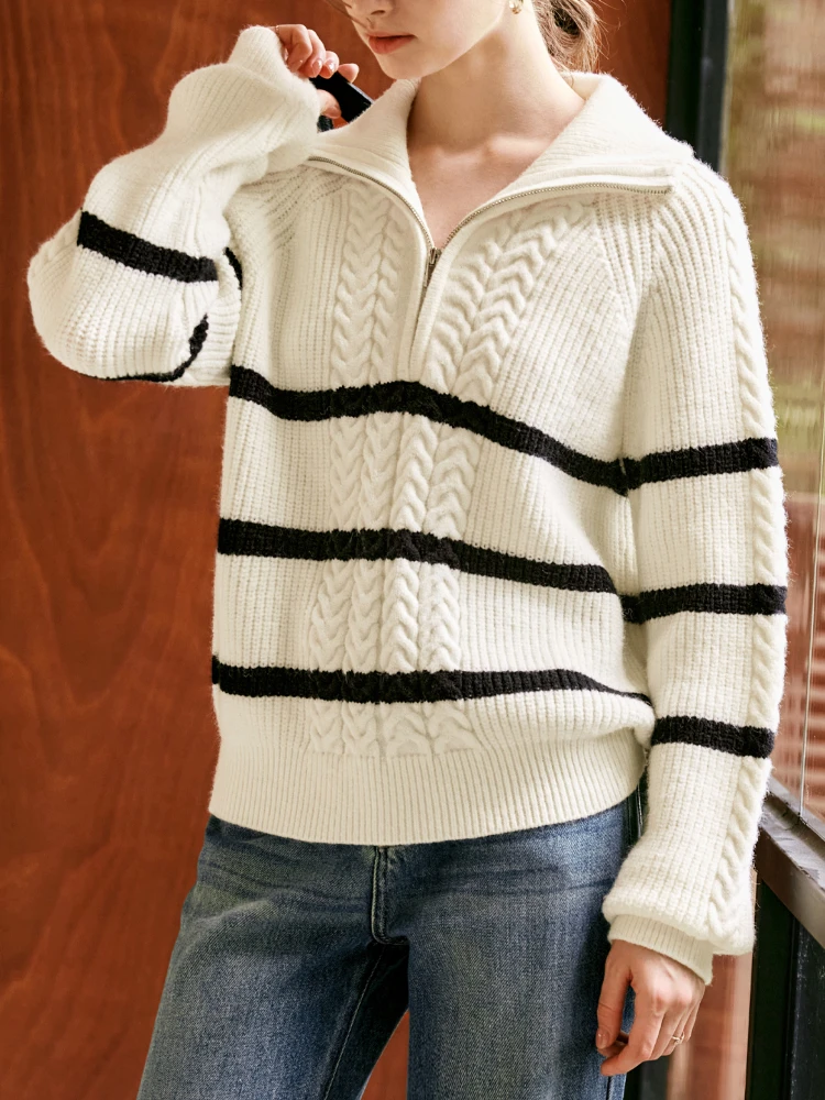 Striped Knitted Sweater Women's French Autumn 2024 New Loose Lapel Zipper Pullover Simple Fashion Keep Warm Women's Sweater