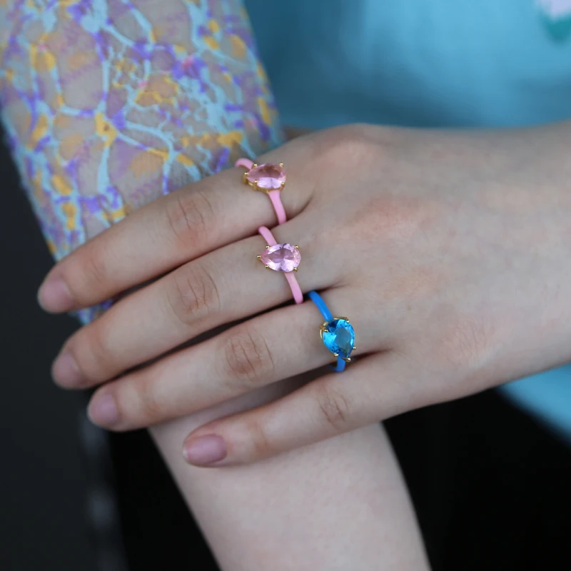 Pastel Enamel Geometric Tear Drop Bright Birthstone Colorful Engagement Wedding Band Ring For Women 2022 New