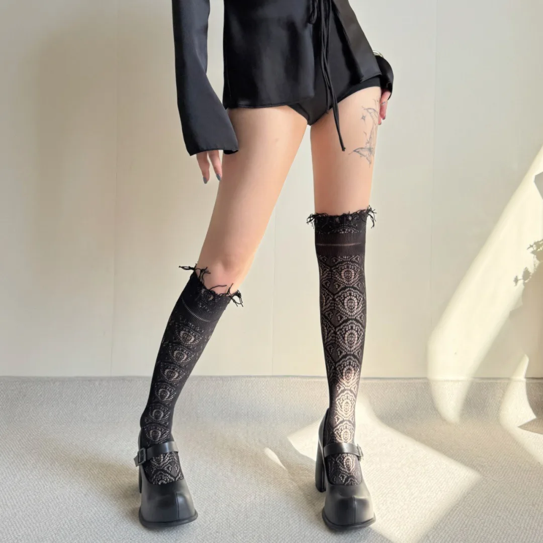 White lace stack socks women's summer thin hollow breathable medium tube socks JK Lolita wind mesh socks