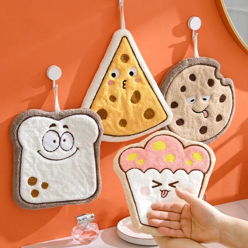 Bathroom Cute Hand Towels Absorbent Handkerchiefs Cartoon Bread Cookies Wiper Towel Kitchen Hanging double-layer Cleaning Cloths