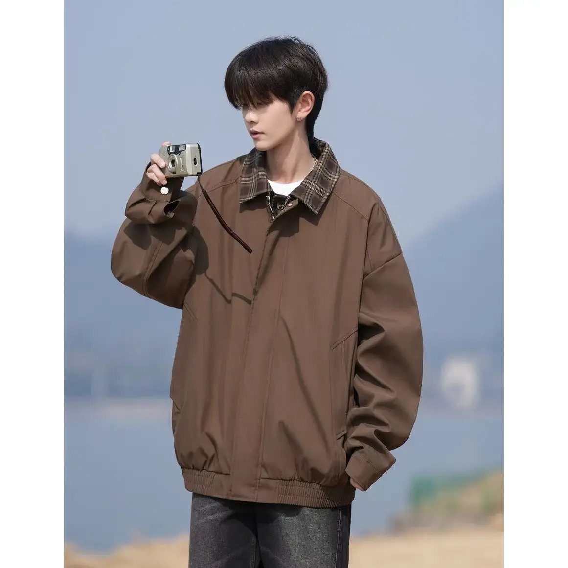 

American Brown Fake Two-Piece Jaet Men Spring Barn Sle Casual Collar Jaet Youth ular Outerwear Long Sve Pure Color