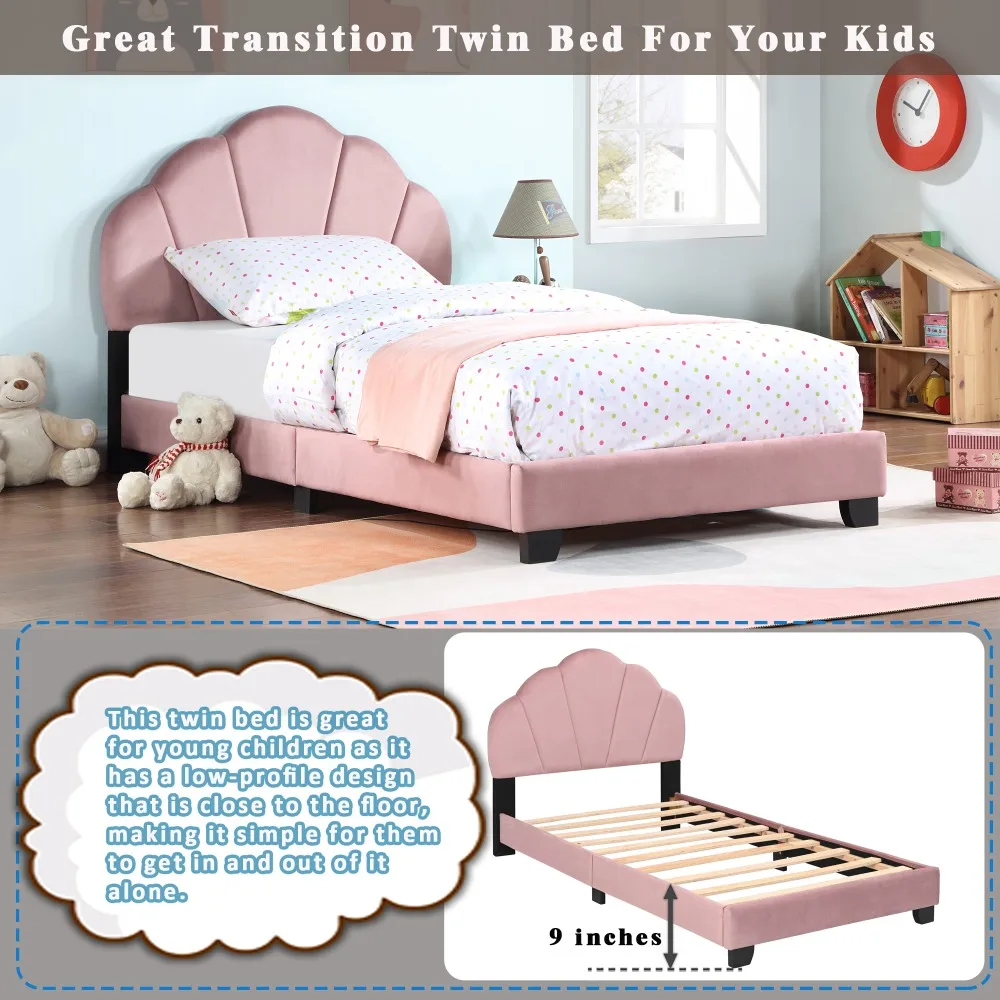 Upholstered Twin Size Platform for Kids, Wooden Bed Frame with Slatted  Base, Cute Bed Frame with Shell Design Headboard