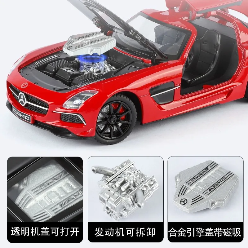 1:24 scale mercedes benz sls amg alloy diecast model car four doors open transparent hood pull back light sound kids gift view 3