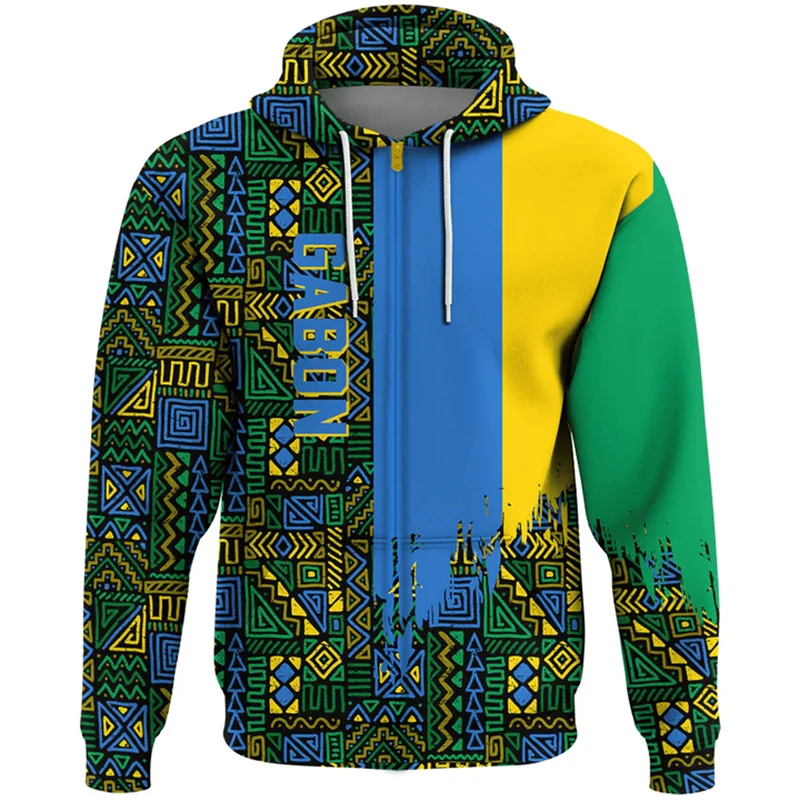 3D Print Gabon Flag ZipHoodie Men Gabonese National Flag Long Sleeve Pullover Sweatshirt Autumn Spring Tops Coat African Clothes